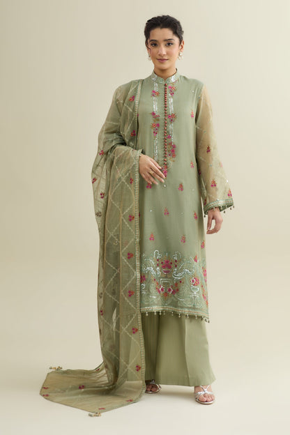 4 PIECE UNSTITCHED - SHIMMER SILK  |  EMBROIDERED